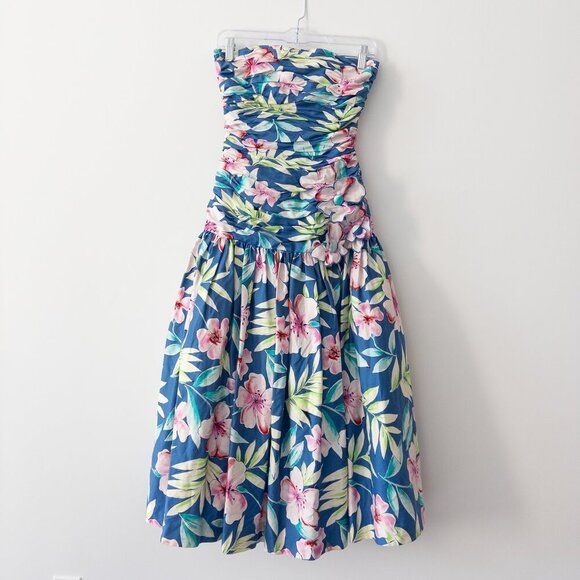 Victor Costa Vintage Floral Drop Waist Tulle Strapless Dress 1980s Lord & Taylor - Picture 7 of 11